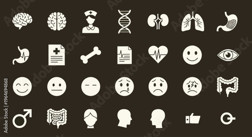 Medical Icons Set: Human Anatomy, Health, Emotions, and Symbols