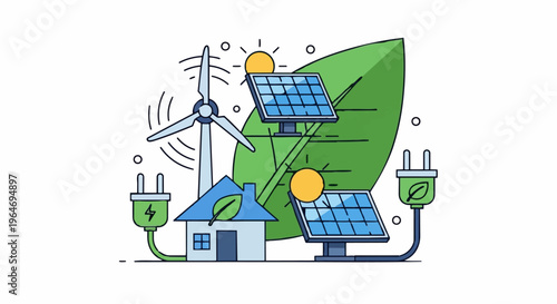 Sustainable Energy Solutions - Wind, Solar, and Green Living Illustration.
