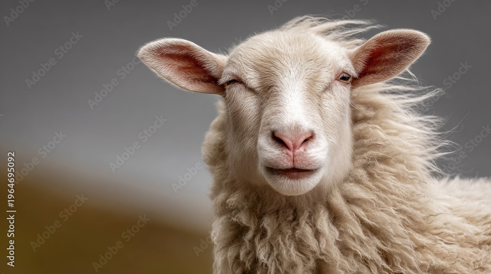 Fototapeta premium Close-up of a calm, fluffy white sheep with soft wool and gentle eyes. Its face is centered, looking directly at the camera with a relaxed expression. The background is blurred