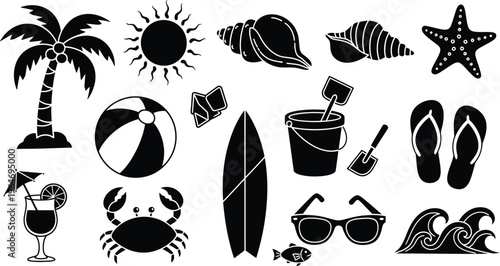 Summer beach icons set with surfboard sunglasses bucket shovel starfish shells and palm tree