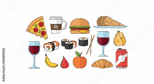 Diverse Food and Drink Collection - Pizza, Burger, Sushi, Wine, and More.