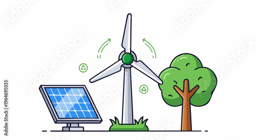 Renewable Energy Sources - Solar Panel, Wind Turbine, and Tree Illustration.
