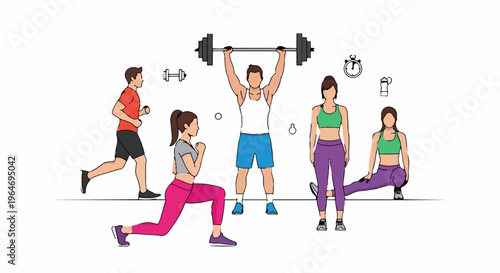 Diverse Group Engaged in Varied Fitness Activities Illustration.