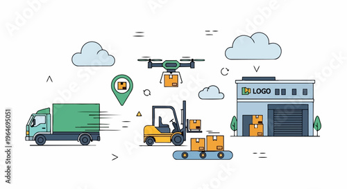 Modern Logistics and Delivery System Illustration with Drone, Truck, and Warehouse.