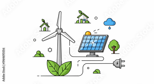 Renewable Energy Illustration - Wind Turbine and Solar Panel Powering Green Homes.