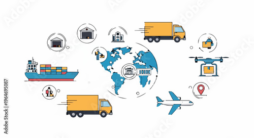 Global Logistics and Transportation Network Illustration with Various Modes of Transport.