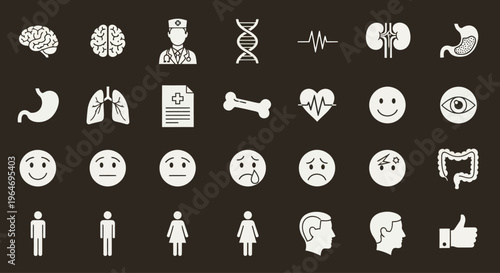 Medical Icons Set: Health, Science, and Human Body Symbols on Dark Background