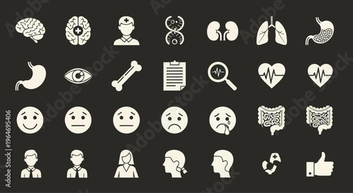 Medical Icons Set: Health, Science, and Human Body Symbols on Dark Background