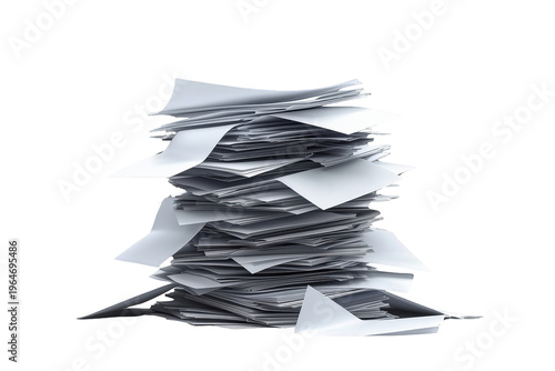 Paperwork pile with many loose sheets creating a messy desk scene. Transparent background for easy layering