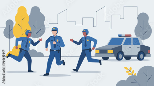 Police officers running with a patrol car in an urban park setting