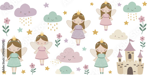 Whimsical illustration of fairies and fantastical elements in pastel colors for kids