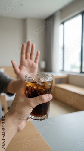 A person holding a glass of cola with ice is being refused by another person showing a hand gesture to stop.