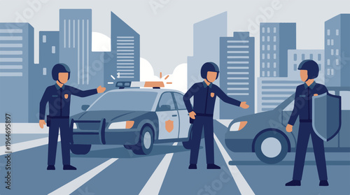 Police officers and patrol cars in a city street, flat illustration style