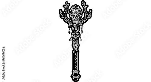 Black metal key featuring elaborate dragon claw emblem and intricate Celtic-inspired engravings on a neutral background.