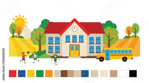 School building scene with playing children, school bus, and sunny landscape