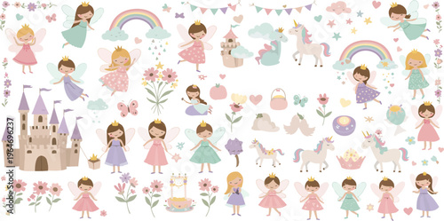 Whimsical illustration of princesses castles unicorns and rainbows in pastel colors for kids