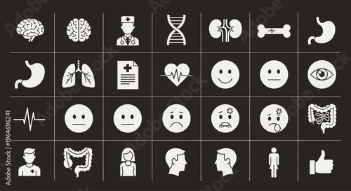 Medical Icons Set: Health, Science, and Emotions on Dark Background