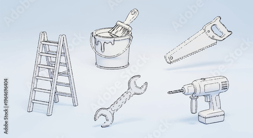 Tools and equipment for home improvement projects including a ladder drill wrench bucket and paint roller for diy and renovation tasks