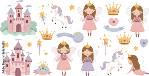 Whimsical fairy tale princess illustrations with castles unicorns and royal accessories for children
