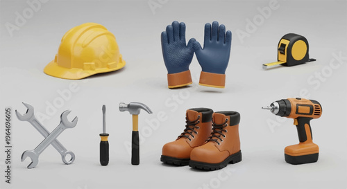 Construction tools and protective gear on gray background including hard hat gloves boots drill hammer wrench screwdriver tape measure
