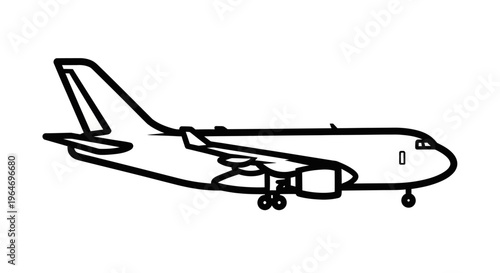 A sleek commercial airliner takes off against a minimalist white background emphasizing aerodynamics and flight.