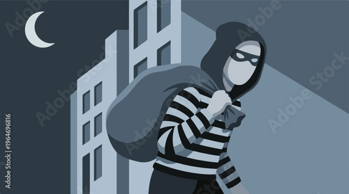Masked burglar carrying a bag of stolen goods in a city at night