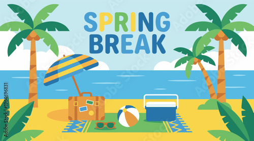 Colorful Spring Break beach scene with palm trees, luggage, and umbrella