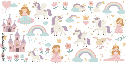Whimsical illustration of princesses unicorns castles rainbows and flowers in pastel colors on white background