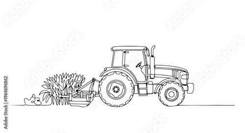 Tractor working in agricultural field. Continuous one line drawing illustration. Minimalist farming machinery vector