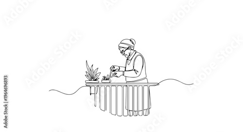 Continuous one line drawing of a senior woman gardening on a balcony. Minimalist spring hobby vector illustration