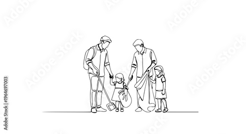 Family picking up trash continuous one line drawing. Volunteers cleaning environment. Minimalist vector illustration isolated on white background