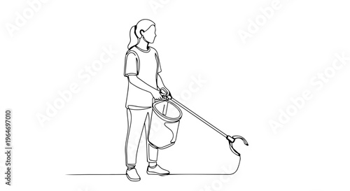 Woman picking up trash continuous one line drawing. Volunteer with grabber tool and bucket for spring cleaning. Minimalist vector illustration