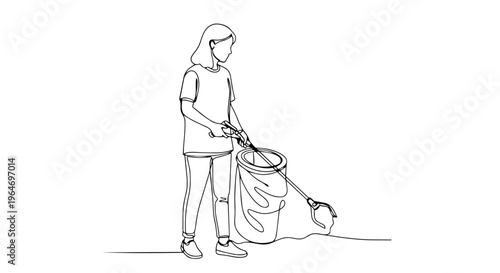 Volunteer picking up litter continuous one line drawing. Woman with trash grabber and bag. Minimalist vector illustration isolated on white background
