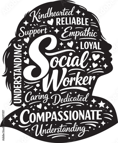 Social worker silhouette filled with positive words like compassion and understanding with mental health