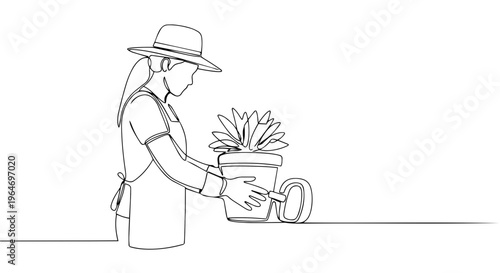 Continuous one line drawing of a woman holding a potted plant. Spring gardening concept. Minimalist vector illustration