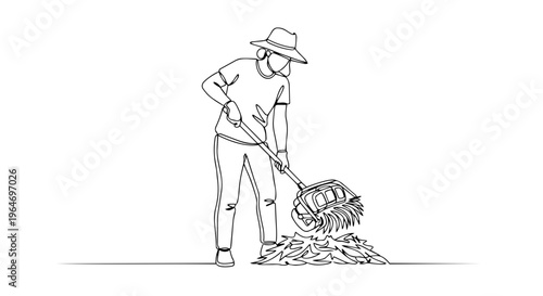 Continuous one line drawing of a person raking leaves. Spring yard cleanup concept. Minimalist vector illustration
