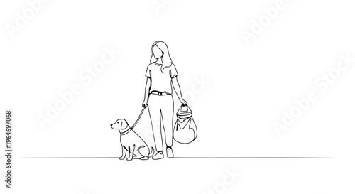 Continuous one line drawing of a girl walking her pet dog. Spring lifestyle concept. Minimalist vector illustration