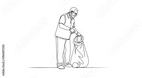 One line drawing of a senior man holding a garbage bag. Continuous line vector illustration of spring cleaning and yard work. Minimalist environmental volunteer concept