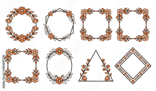 A collection of eight decorative geometric and floral frames in various shapes for graphic design