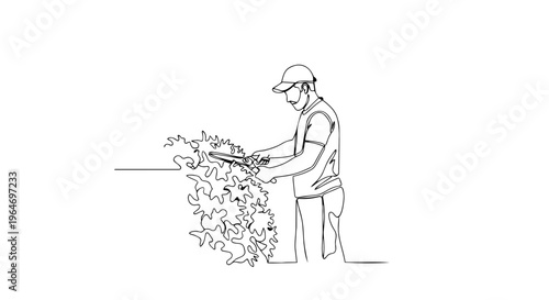 Gardener trimming a bush with shears continuous line drawing. Spring landscaping and yard maintenance concept. Minimalist vector illustration