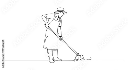 Farmer digging soil with a hoe continuous line drawing. Spring gardening and agriculture concept. Minimalist vector illustration