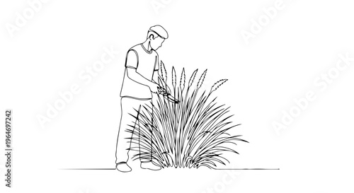 Gardener cutting tall grass with shears continuous line drawing. Spring landscaping and yard work concept. Minimalist vector illustration