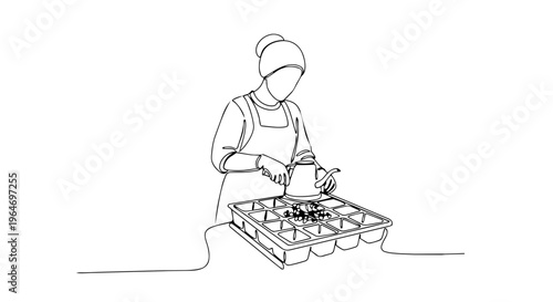 Woman watering seedlings one line drawing. Spring gardening concept. Minimalist continuous line vector illustration