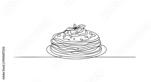 Stack of pancakes one line drawing. Spring breakfast food concept. Minimalist continuous line vector illustration
