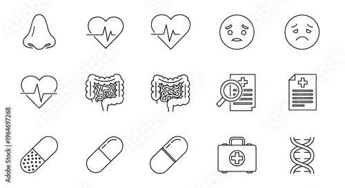 Medical Icons Set: Health, Diagnosis, and Treatment Symbols