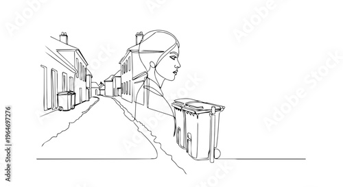 Woman profile and street with garbage bins one line drawing. Urban environment concept vector illustration isolated on white background