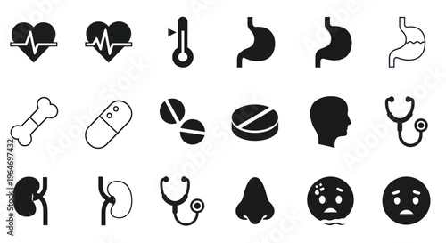 Medical Icons Set: Health, Illness, and Body Parts - Vector Graphics