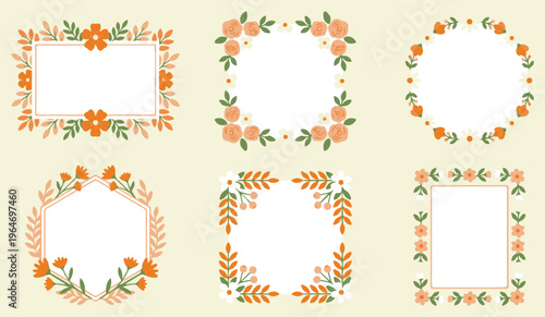 A collection of six decorative floral frames with various geometric shapes and autumn colors