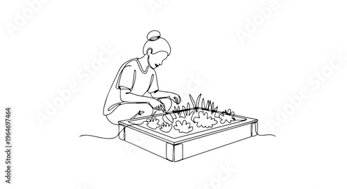 Continuous one line drawing of a woman tending a raised garden bed. Spring agriculture concept. Minimalist vector illustration