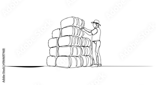 Continuous one line drawing of a farmer stacking hay bales. Agriculture and harvest concept. Minimalist vector illustration
